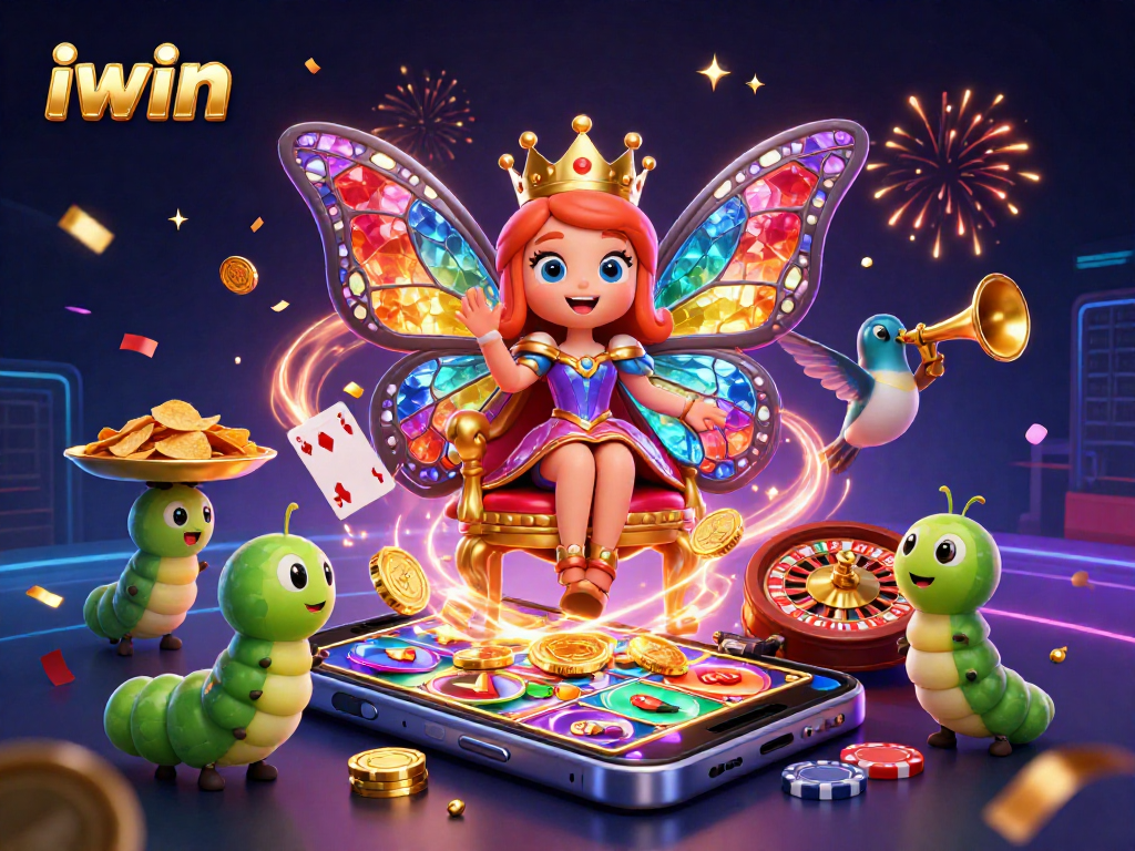 iwin celebrates wins with vibrant 3D casino elements and a fantastical butterfly queen