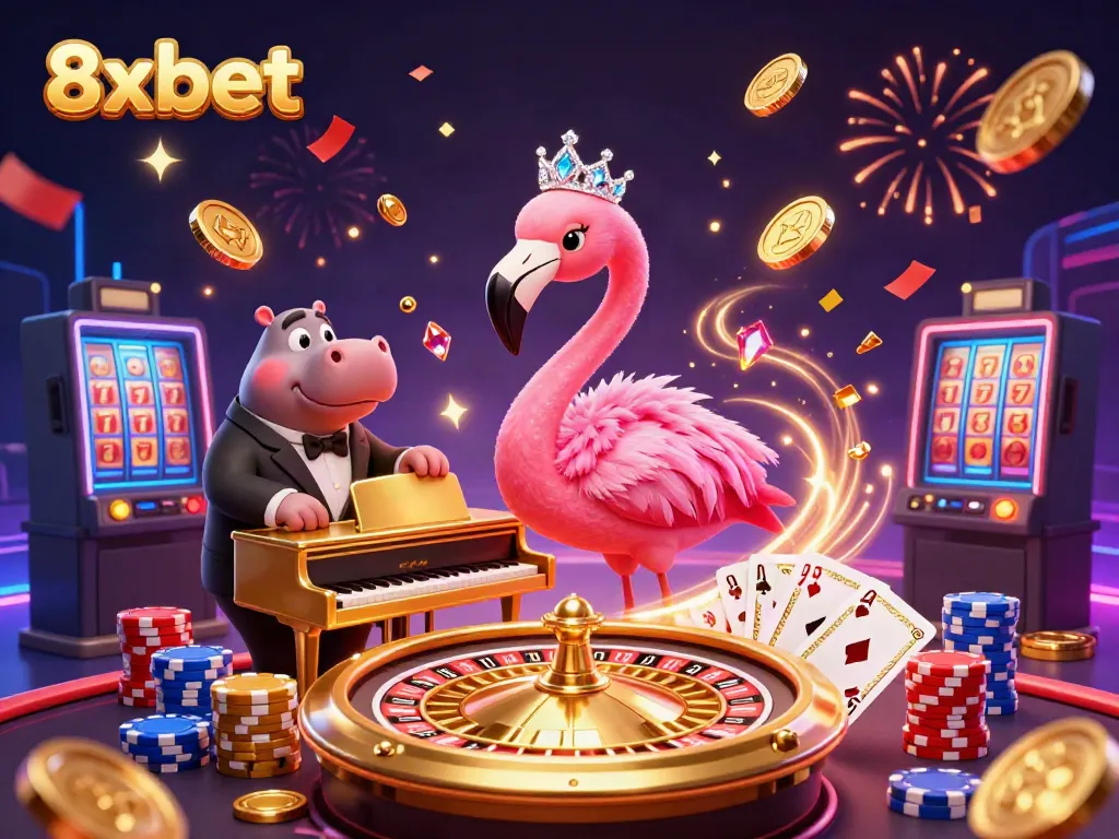 Experience excitement at 8xbet with a vibrant casino scene featuring colorful characters and gaming elements.