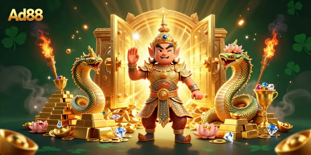 Immerse in the vibrant world of Ad88's online casino, showcasing thrilling characters and treasures.