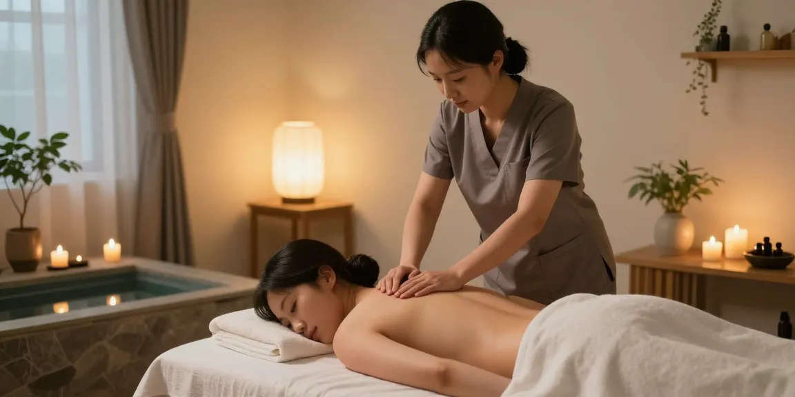 Client receiving a soothing 구로출장마사지 in a tranquil home setting, highlighting essential oils and calming atmosphere.