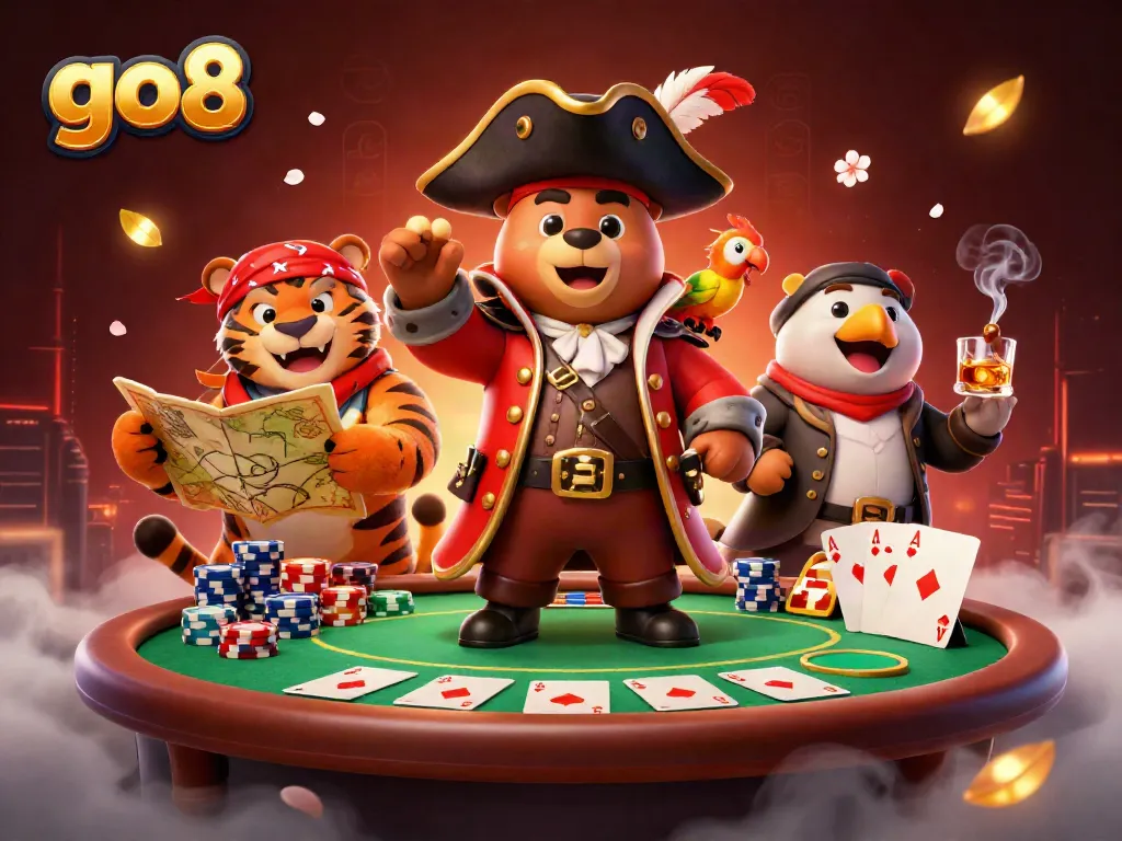 Engage with go8's thrilling online poker scene featuring vibrant animated characters and immersive game elements.