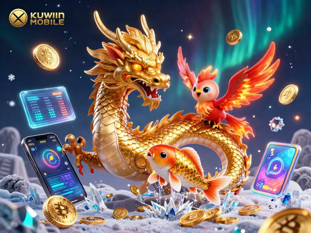 Engage with the thrilling world of KUWIN MOBILE through a magical 3D casino scene showcasing a golden dragon and colorful game elements.