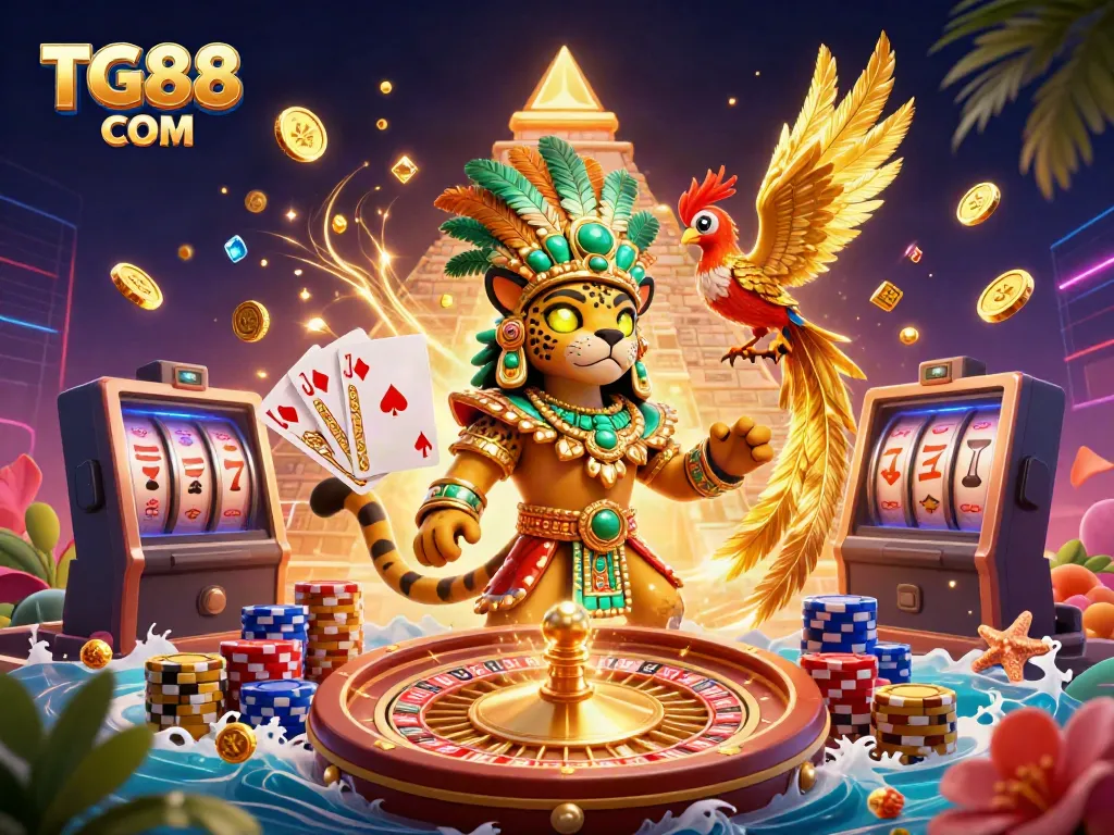 Experience the excitement of TG88 COM with a vibrant 3D casino scene featuring unique characters and dynamic elements.