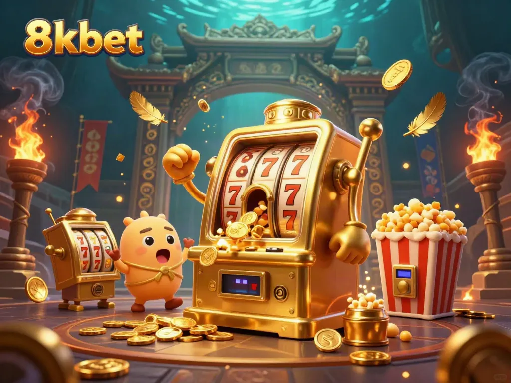 8xbet's engaging jackpot scene features a lively slot machine and cheering baby machines in a vibrant casino atmosphere.