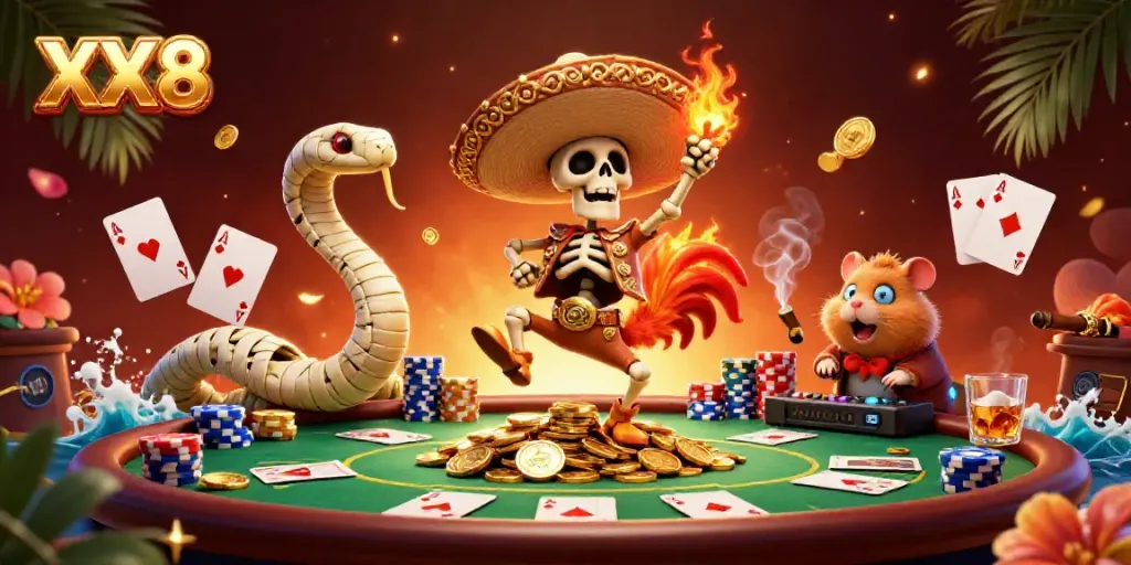 Experience XX8 with a vibrant 3D fiesta scene featuring a mariachi rooster celebrating amidst poker chips and cards.