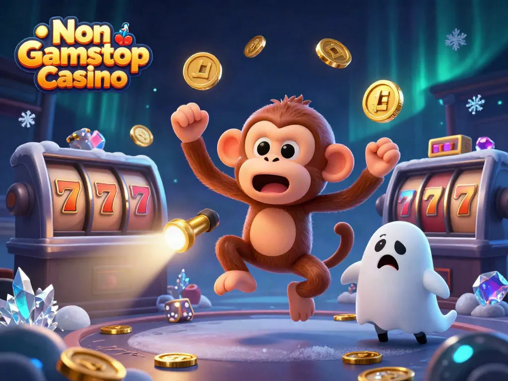 Non Gamstop Casino scene with playful monkey juggling coins and a curious puppy tracking it