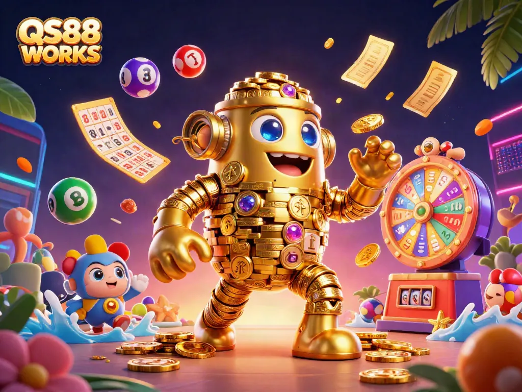 Unlock wins at QS88 WORKS with an engaging 3D illustration of vibrant casino elements.