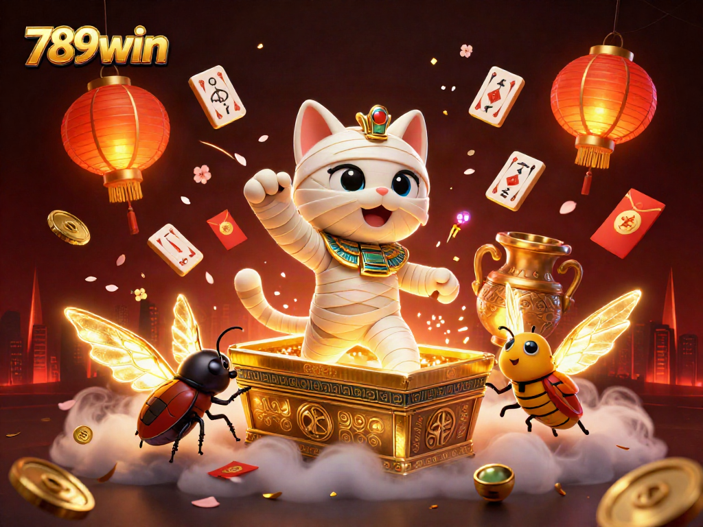 Experience thrilling gameplay with 789win's dynamic casino action featuring a vibrant mummy cat and magical elements.