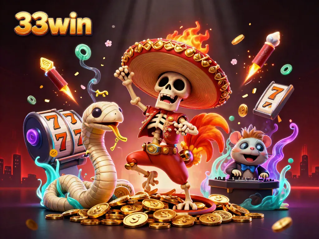 Experience excitement and rewards with 33win in this vibrant, action-packed casino illustration.