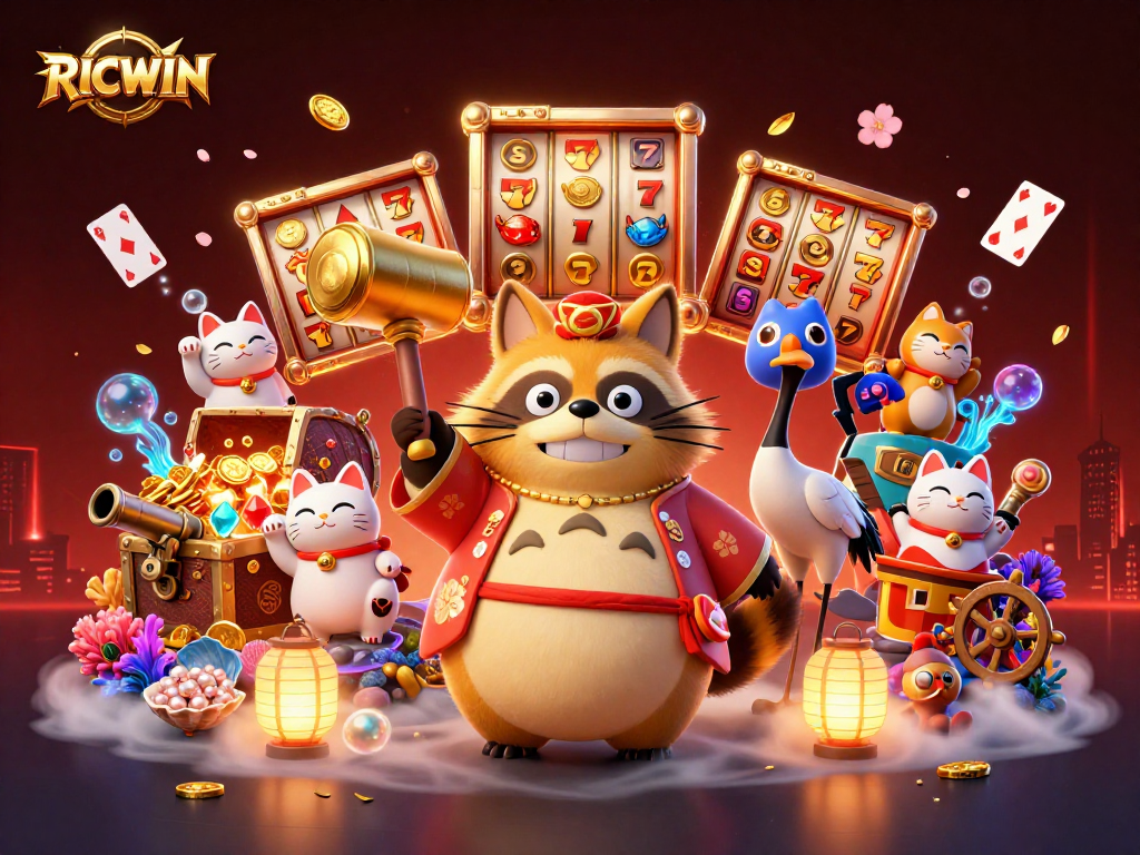 Engage with RICWIN's vibrant casino adventure featuring a cheerful tanuki, crane, and lucky fortune cats.