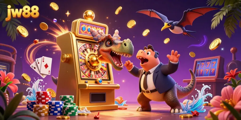 Experience the thrill of jw88 with a dinosaur triggering a jackpot, surrounded by coins and casino excitement.
