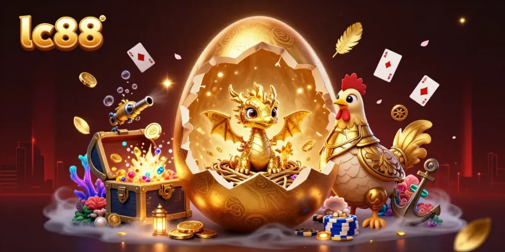 Experience excitement in the lc88 casino with golden dragon, poker chips, and vibrant game elements.