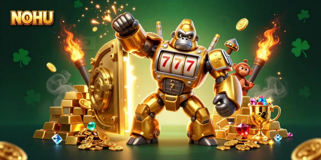 Engaging NOHU themed slot game illustration with a gorilla mech and treasure elements.