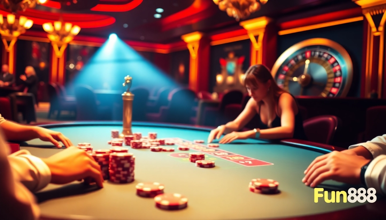 Intense poker game at Fun88 casino with vibrant chips and roulette wheel in a luxurious setting.
