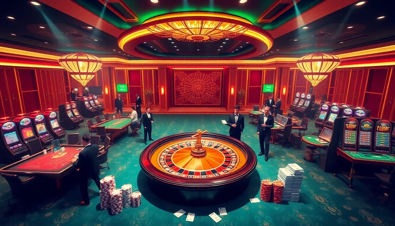Experience the thrill of HAYBET casino with vibrant gaming tables and roulette wheels.