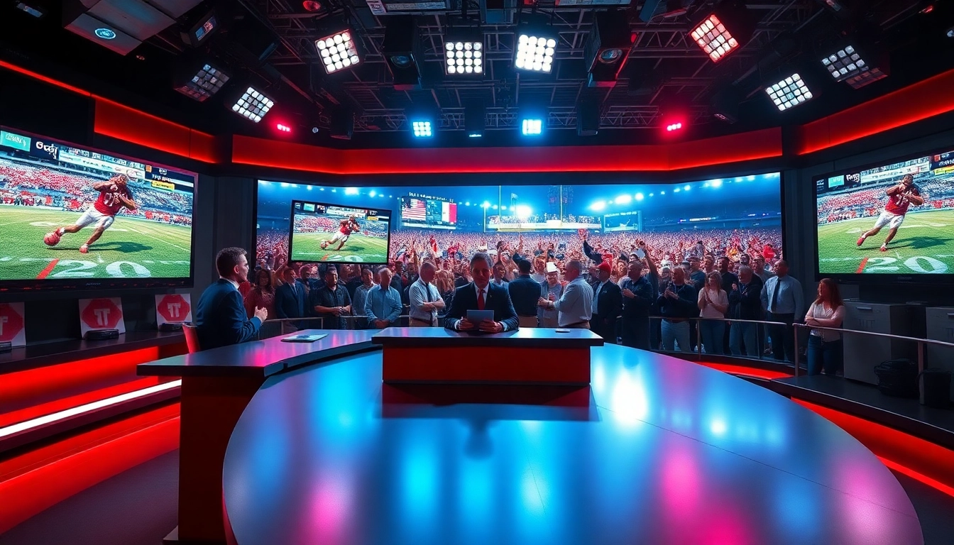 Engaging sports broadcasting environment showcasing hosts and live games for dynamic viewer experience.