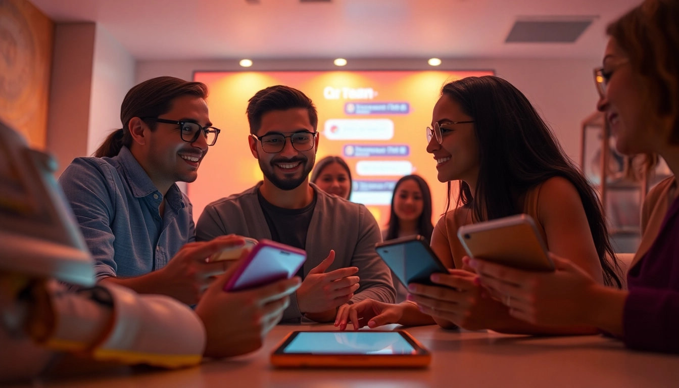Engaging scene of sex chat AI interface with diverse users interacting with a lifelike chatbot.