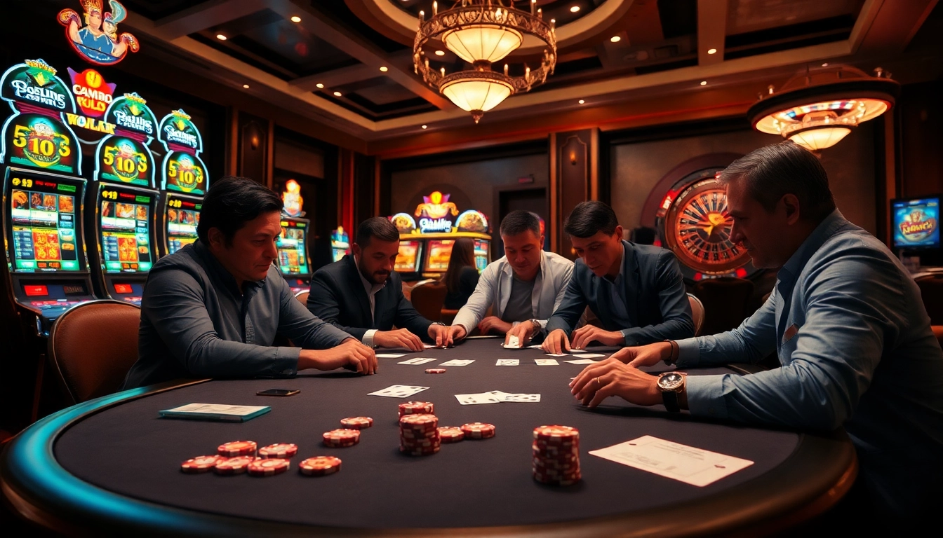 Excited players engage in a poker game at dom88.us.com casino, showcasing high stakes and vibrant gaming elements.