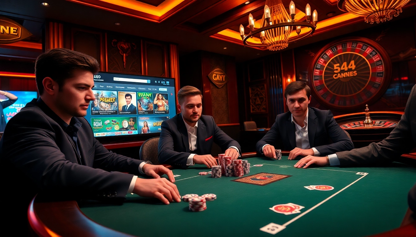 Experience thrilling online gaming at c54.gb.net with professional poker players amidst a luxurious casino atmosphere.