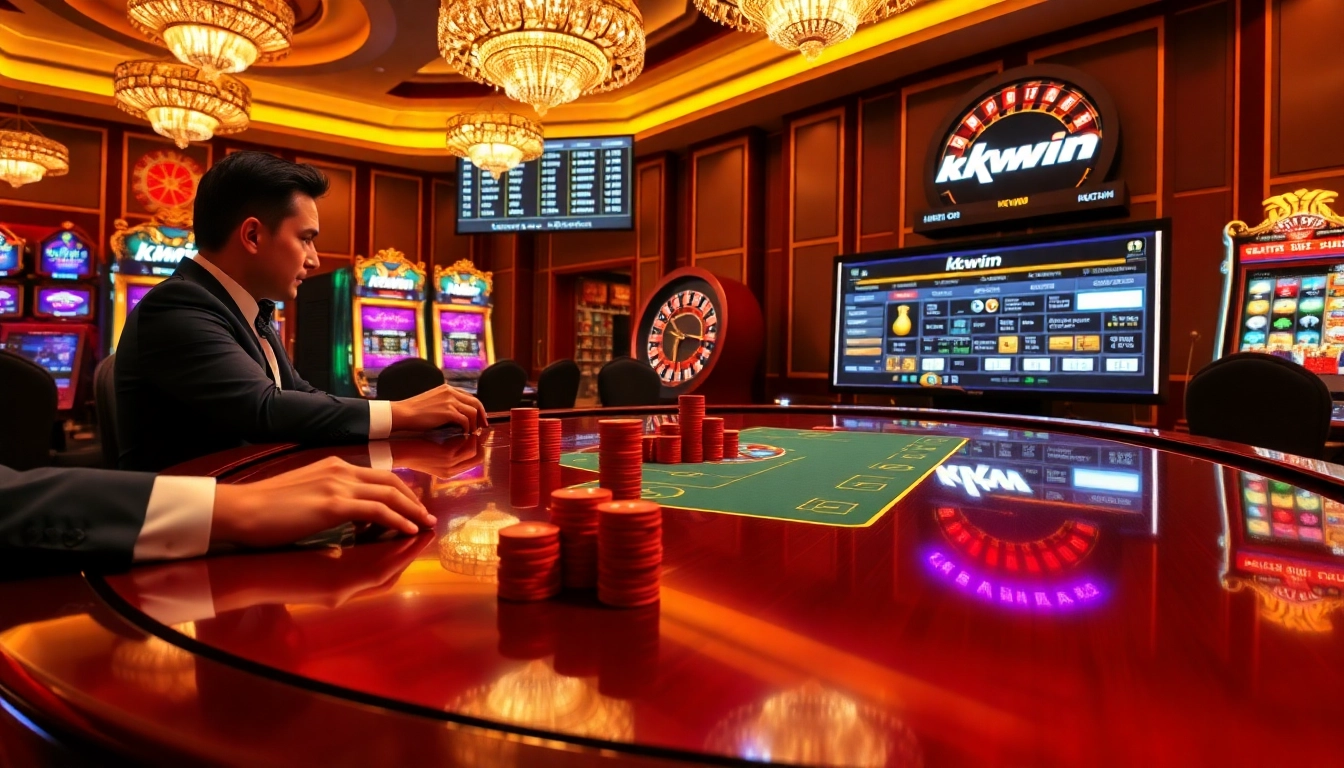 Engaged players at a poker table and exciting elements of kkwin.com casino gaming.