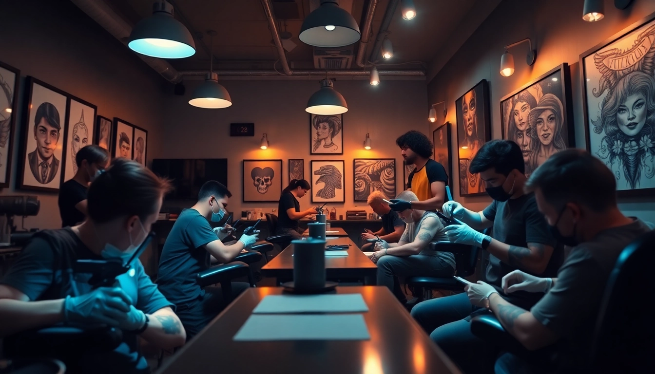 Modern tattoo studio atmosphere with artists and clients at https://89bet.tattoo/, showcasing creative designs.