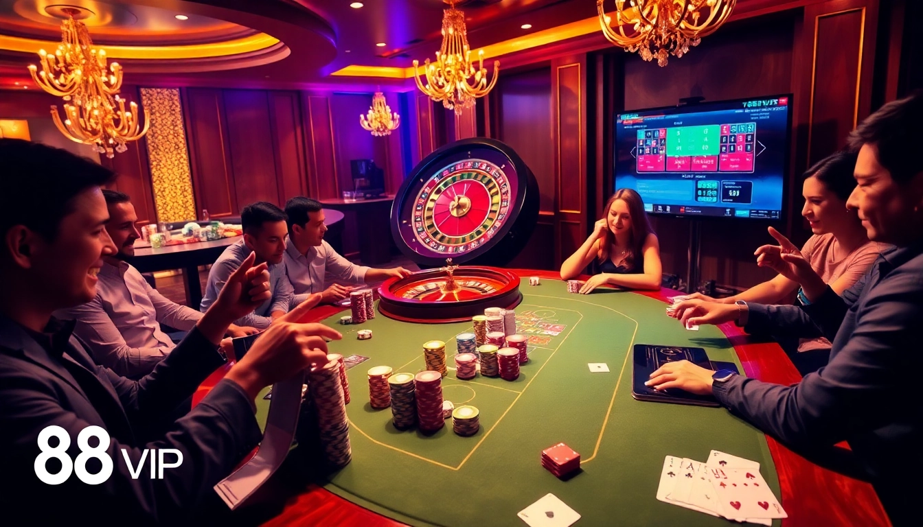 Players enjoying a game of poker at the luxurious 68VIP casino, with vibrant colors and professional atmosphere.