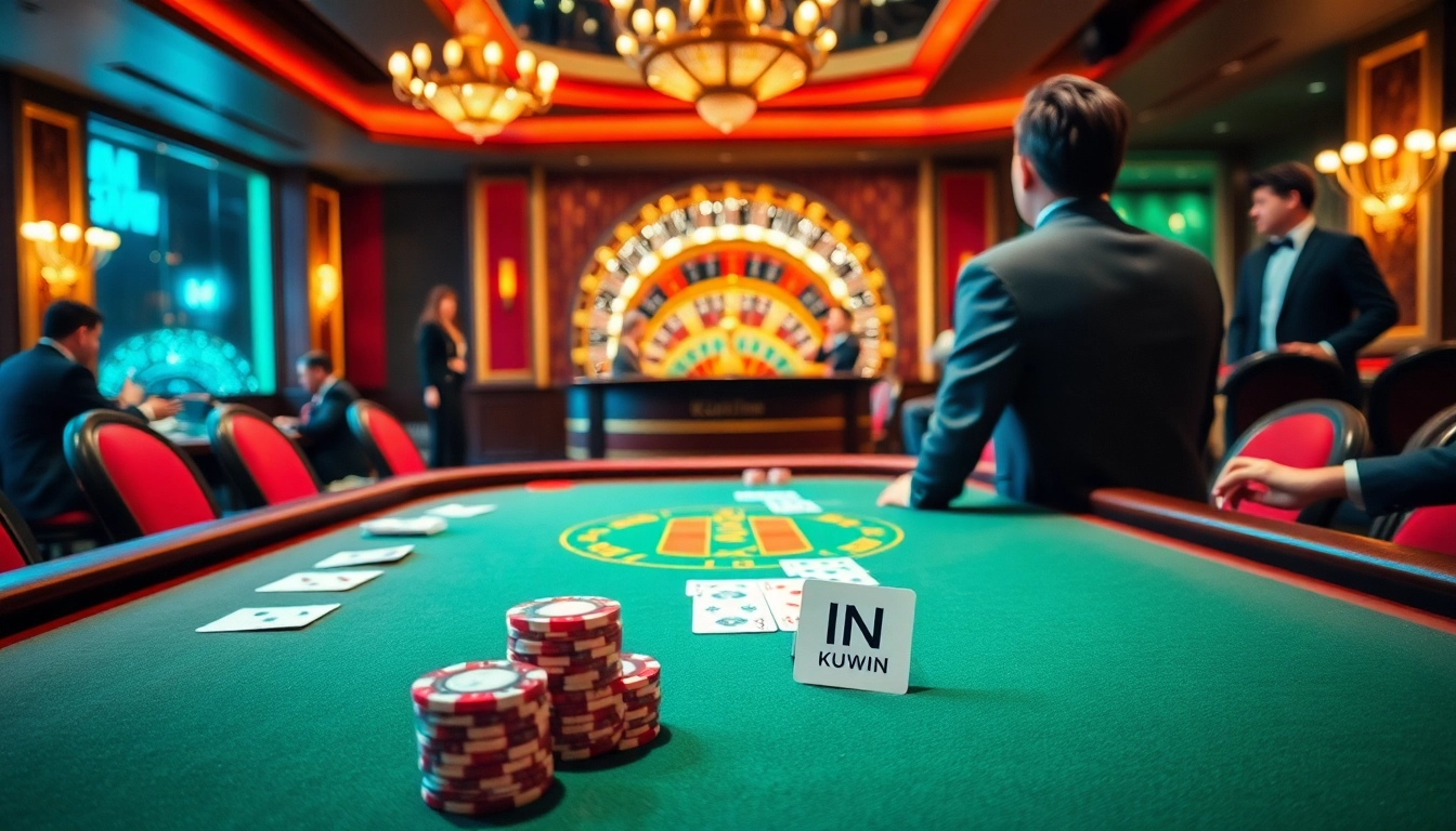 Engaging in poker at a luxury casino table with KUWIN branding and vibrant chips.