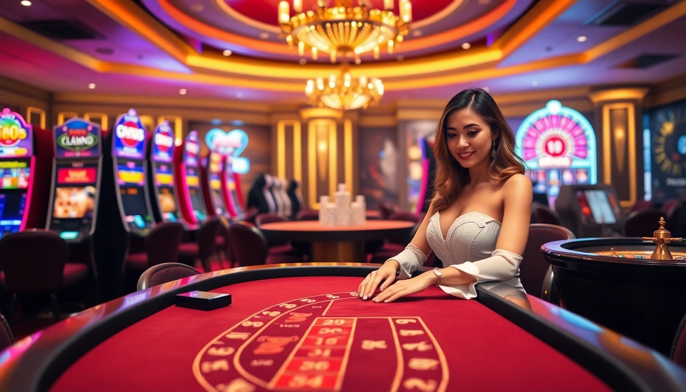 Experience a thrilling blackjack game at 888NEW casino with an engaging dealer and vibrant slot machines.