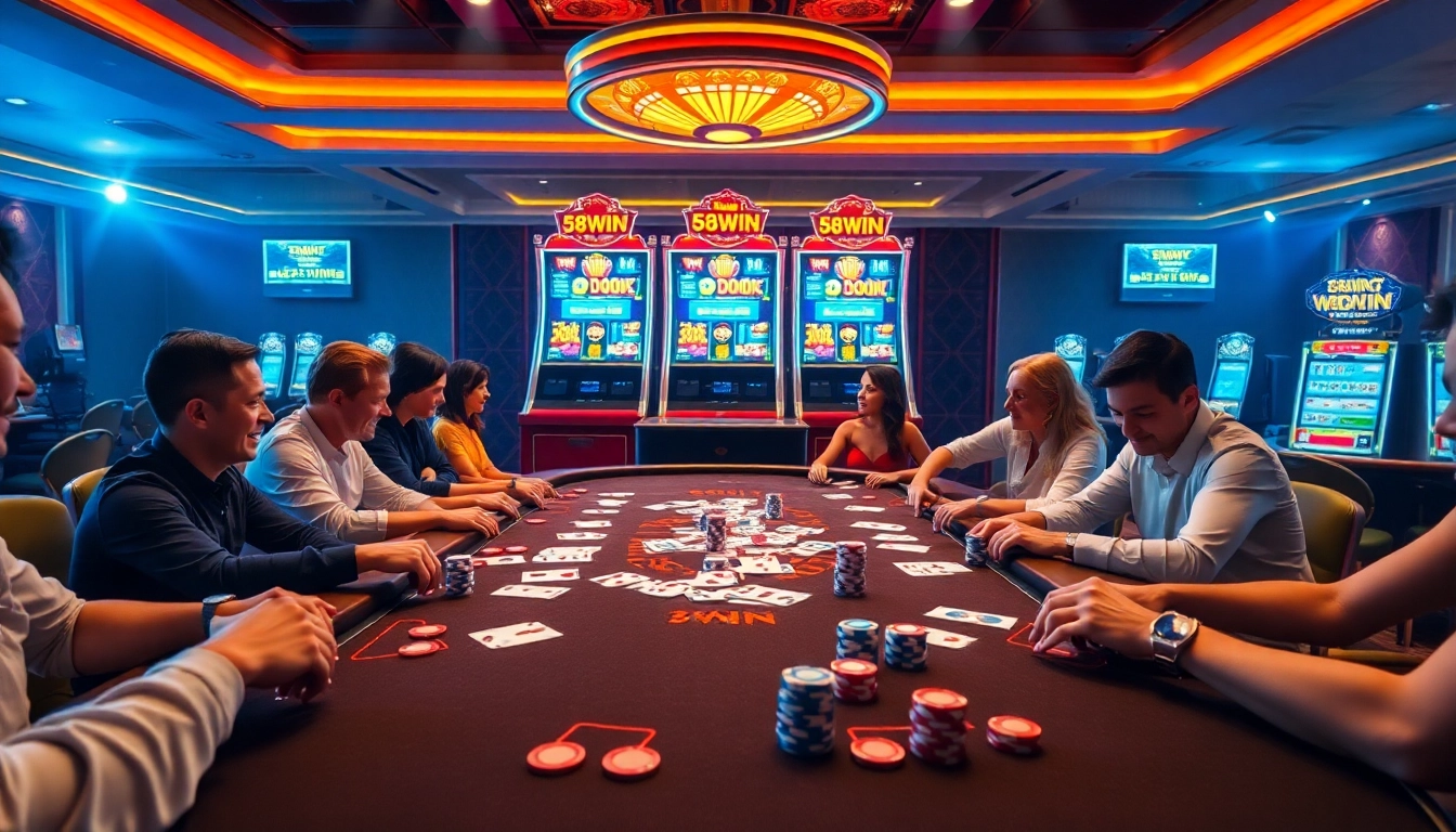 Players enjoying a vibrant casino game experience at 58WIN, surrounded by colorful chips and cards.