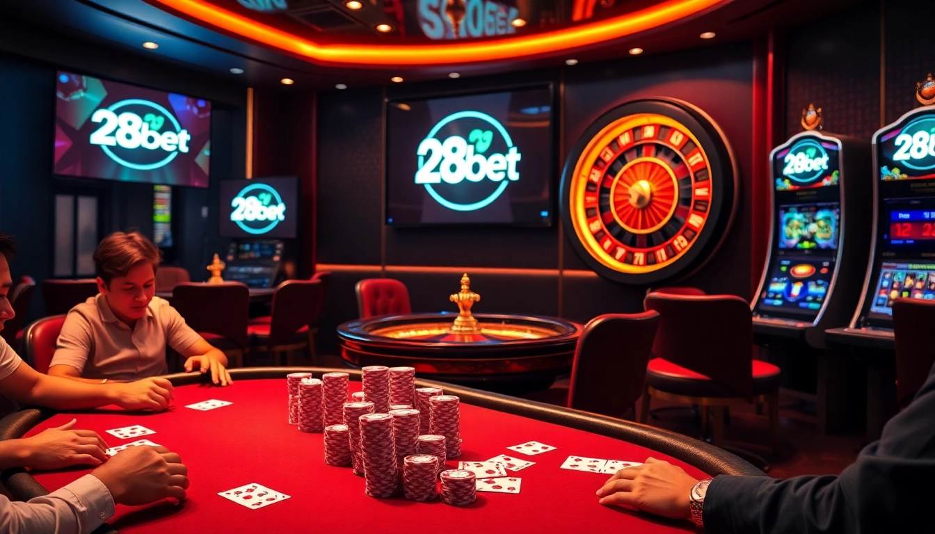 28bet players enjoying an exciting poker game with vibrant chips and cards.