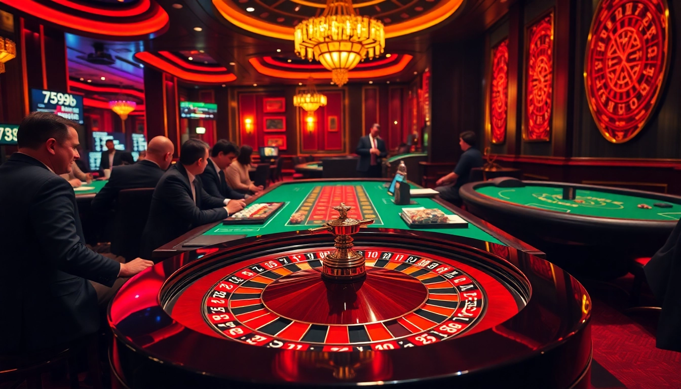 Exciting casino scene with players engaging at the roulette table in 789b, showcasing vibrant lights and polished surfaces.