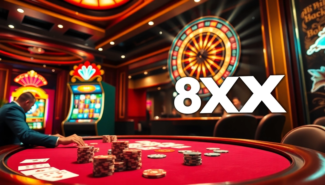 Engaging action at a poker table with 8XX-themed casino elements, showcasing thrilling gameplay.