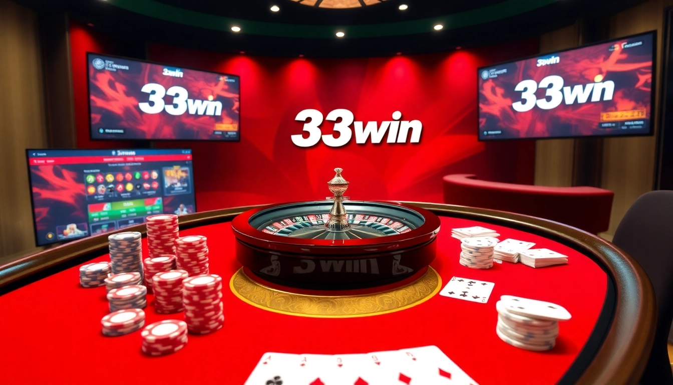 Experience thrilling gaming at 33win with a vibrant casino scene featuring poker chips and a roulette wheel.