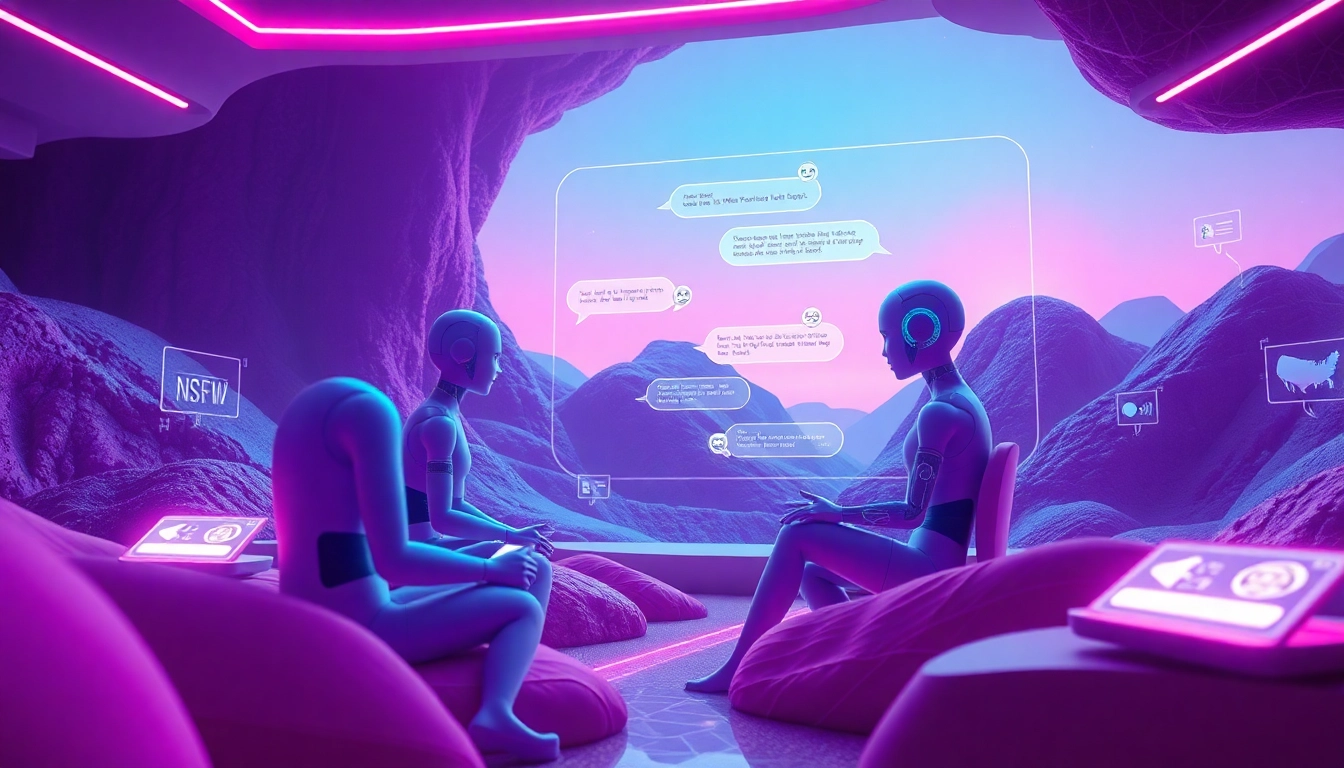 Vibrant digital landscape showcasing NSFW AI interactions with colorful characters in a futuristic chat interface.