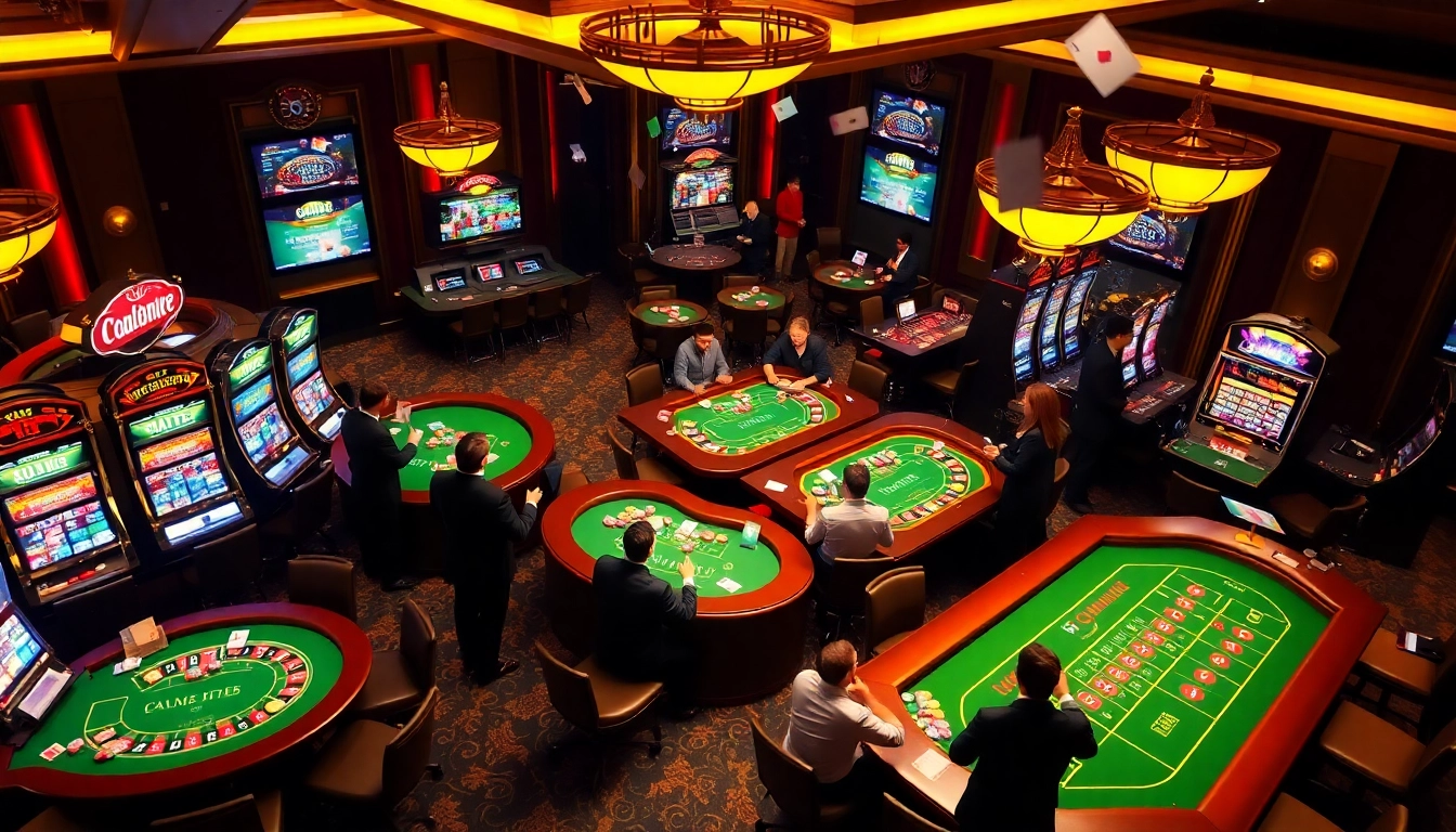 Engaging scene of gamblers at jun88 com casino tables, showcasing poker and roulette excitement.