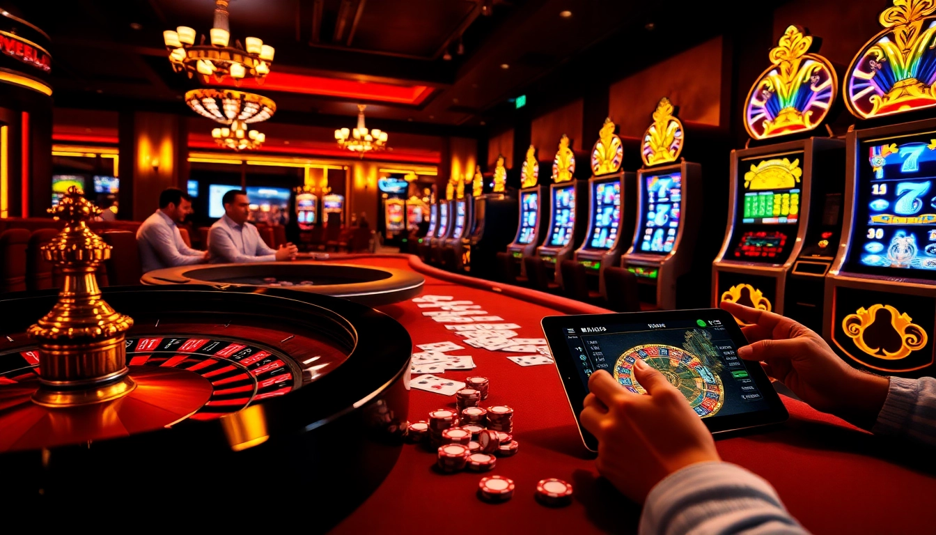 Players enjoying gambling activities at Nhà Cái NBET with vibrant casino elements and a luxurious atmosphere.