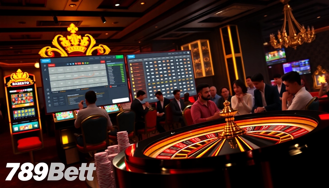 Players enjoying thrilling games at 789bet with vibrant casino elements and a luxurious atmosphere.