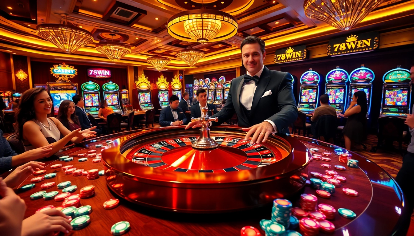 Exciting casino experience with 78WIN at a roulette table, players engaged in thrilling bets.