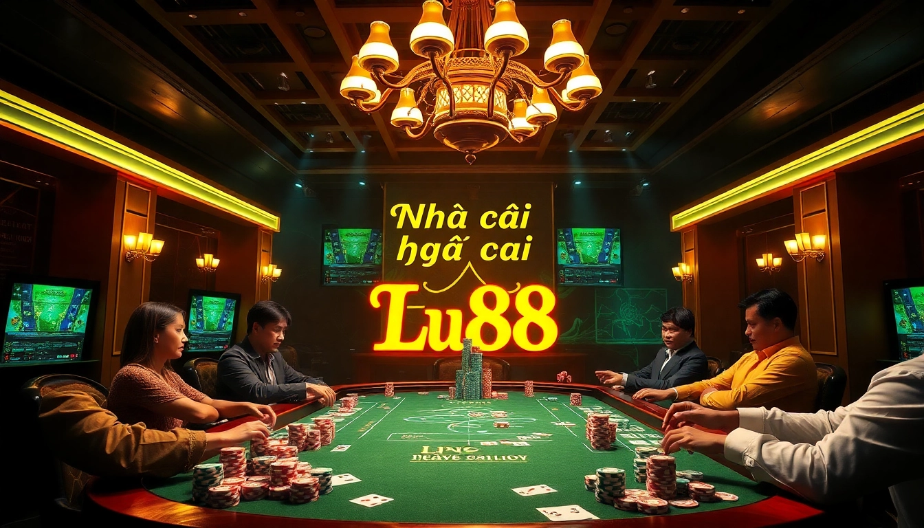 Exciting gambling scene featuring Nhà cái Lu88 with players strategizing at luxurious casino tables.