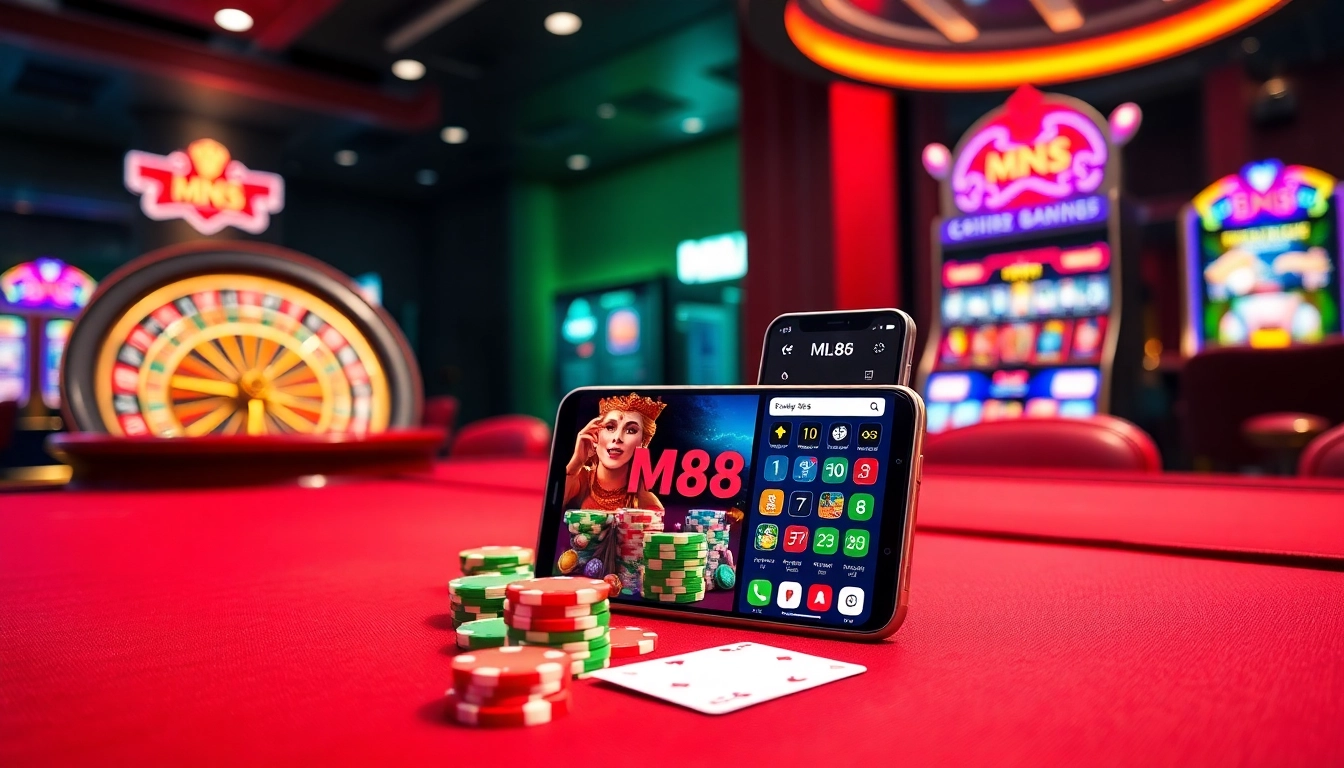 Play exciting games at MM88's luxurious casino, featuring poker chips and a roulette wheel.