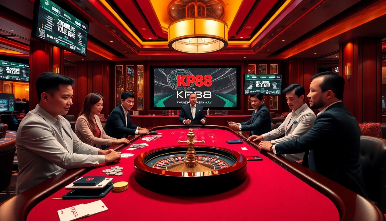 KP88 players engaging in an exciting live casino game with professional dealers, showcasing vibrant gaming elements.