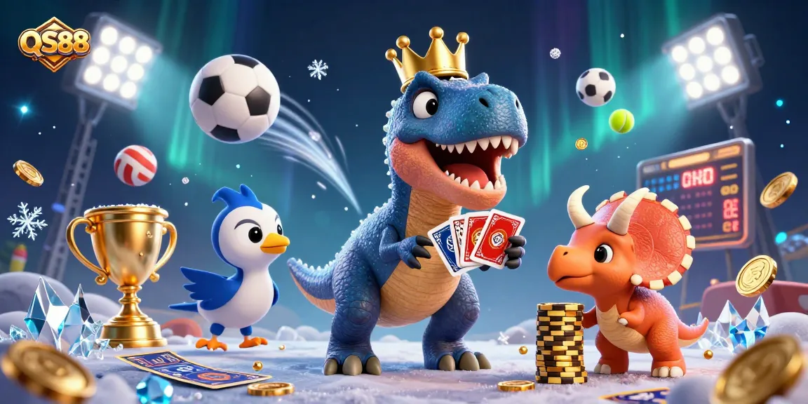 Experience thrilling gaming activities with QS88 as cartoon characters engage in a lively casino scene.
