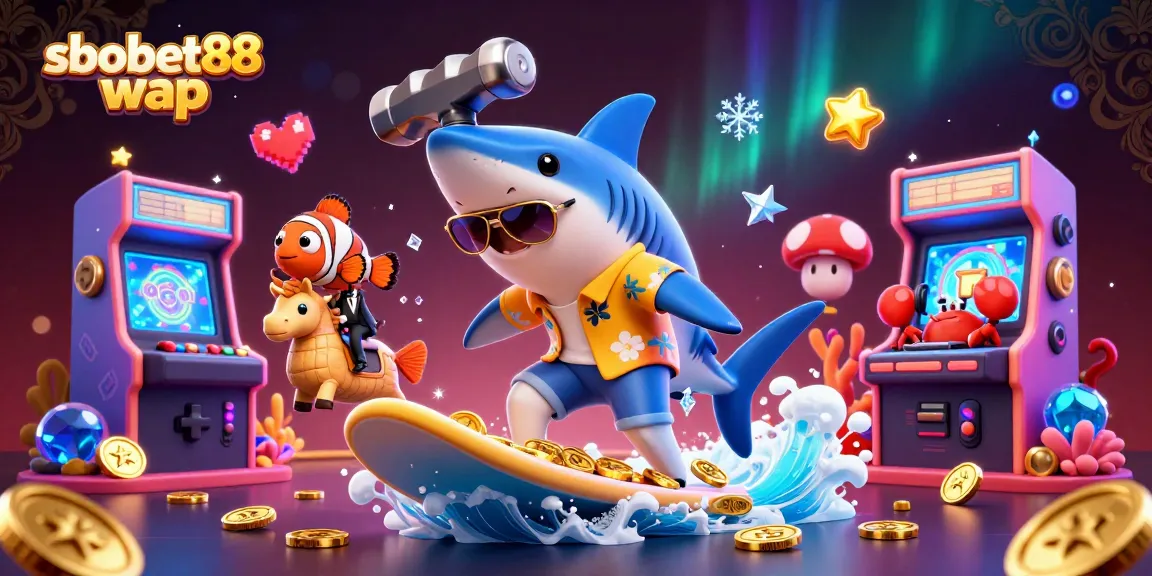 Experience sbobet88 wap with a shark surfing gold coins, clamoring action and casino excitement.