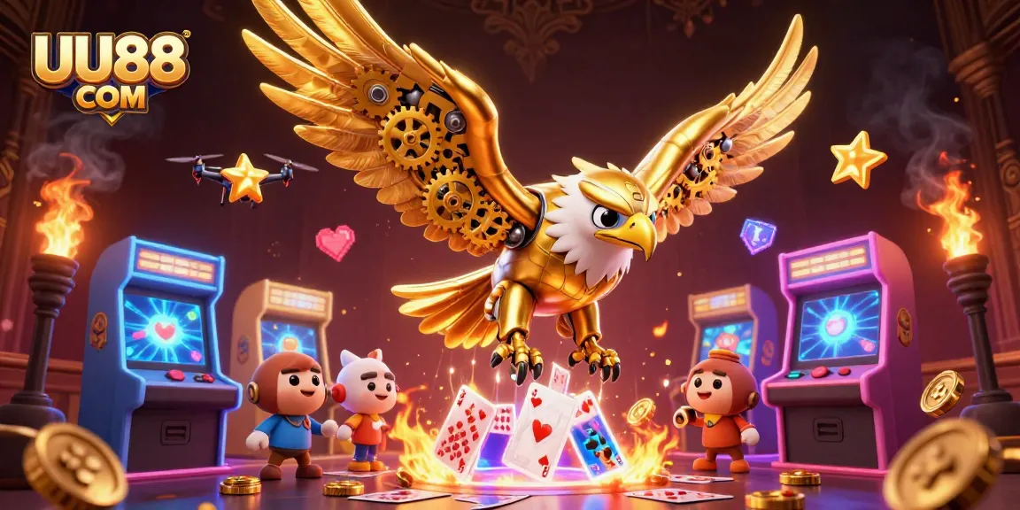 UU88 COM showcases a thrilling 3D casino adventure with a golden eagle and arcade elements.