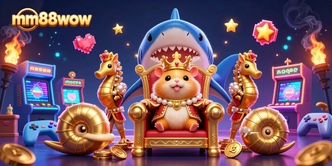 Engage in gaming excitement at mm88wow with golden hamster king and vibrant casino elements.