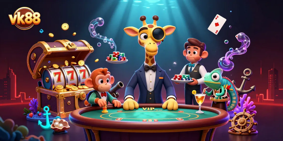 Experience the thrill of gambling at vk 88 with a lively casino scene featuring a high-roller giraffe and friends.
