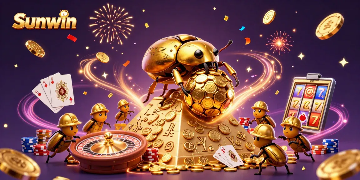 Join the excitement at Sunwin with a vibrant 3D scene of gaming symbols, coins, and beetles.