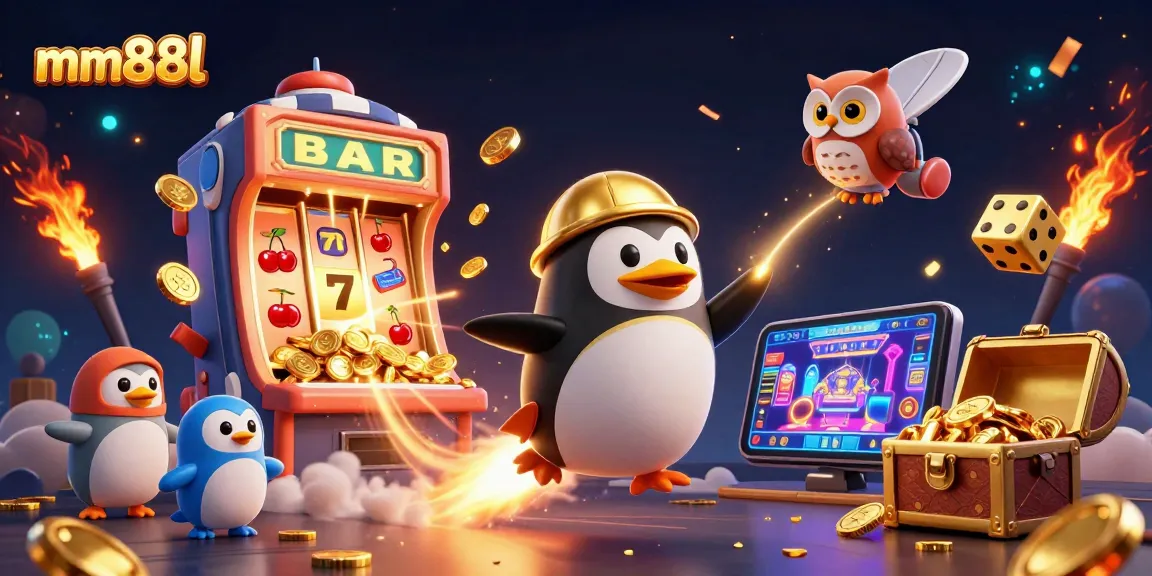 Experience the excitement of mm88l with our stunning 3D illustration of a golden penguin racing to a casino space station.