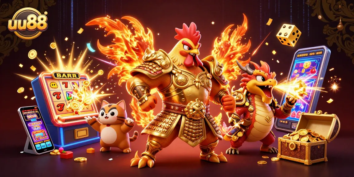 Experience thrilling gaming at uu88 with a vibrant scene of a rooster warrior, dragon, and golden jackpot!