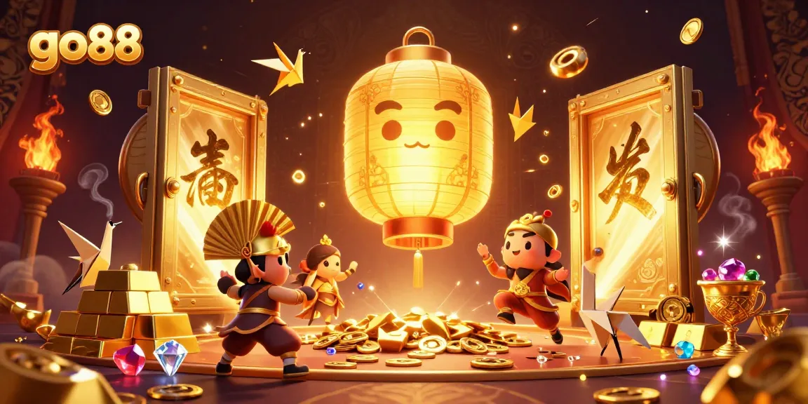 Experience the magic of go88 as a golden lantern spirit illuminates a bustling casino with treasures and luck.